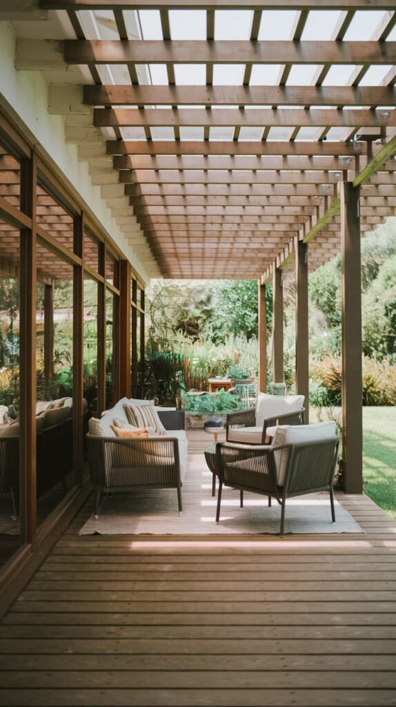 A long wooden deck attached to a modern house with expansive glass doors, covered by a slatted wooden pergola structure that appears partially transparent or covered, furnished with contemporary woven seating on an area rug.