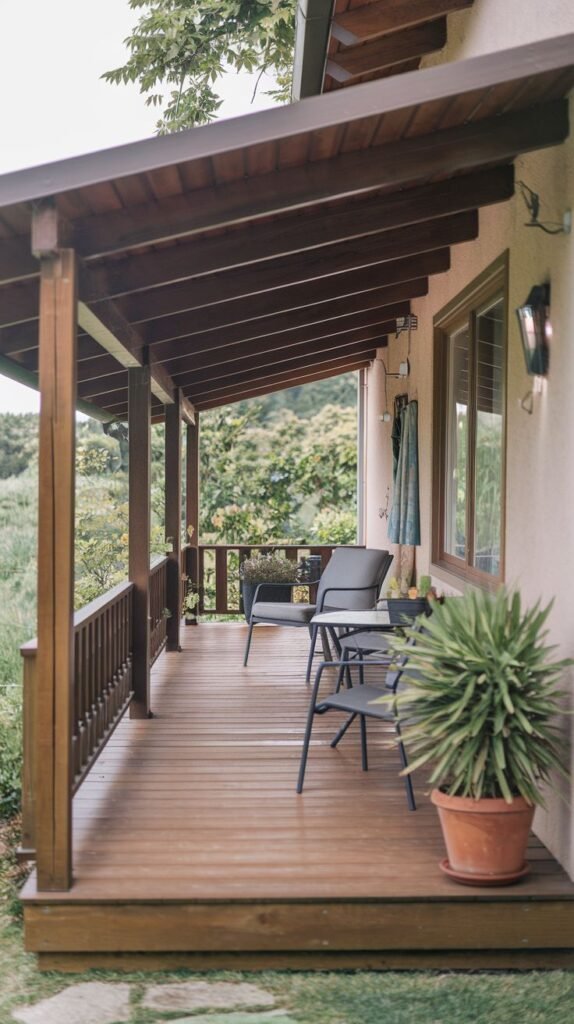 A narrow, elevated wooden deck attached to a light stucco house, covered by a dark-stained solid sloped roof structure and railing, furnished with a small dark metal dining set overlooking a distant green landscape.
