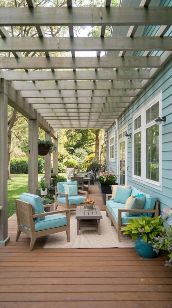 A spacious wooden deck attached to a house with vibrant light blue siding, covered by a weathered open wooden pergola and furnished with light-framed seating featuring turquoise/light blue cushions.