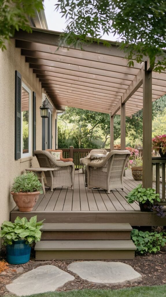 An elevated wooden deck attached to a tan stucco house, covered by a slatted wooden pergola with a reddish-brown tone, furnished with two high-backed wicker armchairs in an intimate setting.