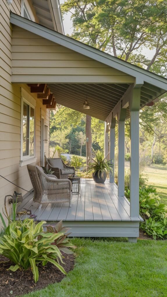 A traditional elevated porch attached to a light tan house, featuring a solid pitched roof and light gray-blue posts/decking, furnished with two wicker chairs and a small metal table overlooking a grassy lawn.