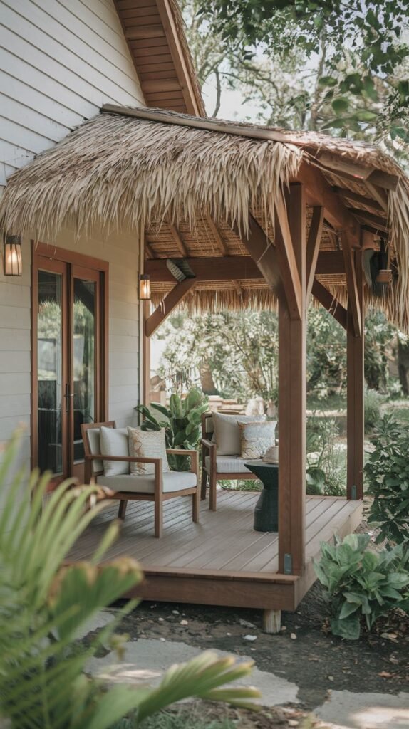 A small wooden deck attached to a white shingled house, featuring a deeply textured, natural thatched roof supported by rustic wooden posts, furnished with light wood chairs with neutral cushions.