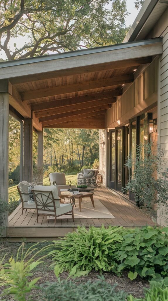 A wide wooden deck patio attached to a light-sided house, covered by a deep, sloping roof structure with exposed natural wood planks on the underside, furnished with four cushioned outdoor chairs around a coffee table.