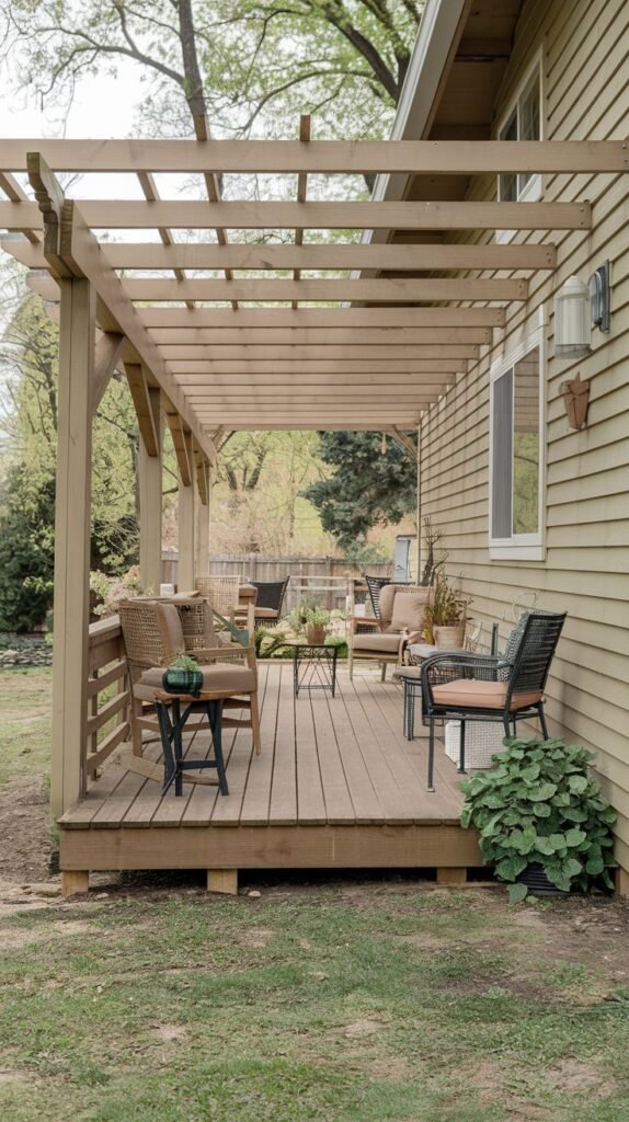An elevated wooden deck attached to a pale green shingled house, partially covered by an open, light-stained wooden pergola, featuring multiple conversation zones using wicker and metal seating.