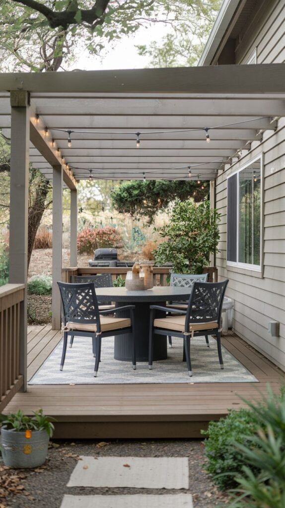 A wooden deck dining area attached to a light gray house, covered by a gray-painted pergola with string lights, featuring a circular dark dining table, four black lattice-back chairs, and a barbecue grill visible in the background.