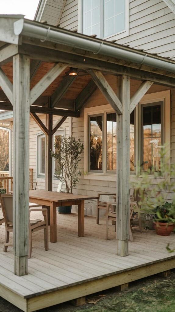 A spacious, elevated light wooden deck attached to a light shingled house, covered by a pitched roof structure with exposed wooden bracing and thick posts, featuring a large wooden dining table and chairs.