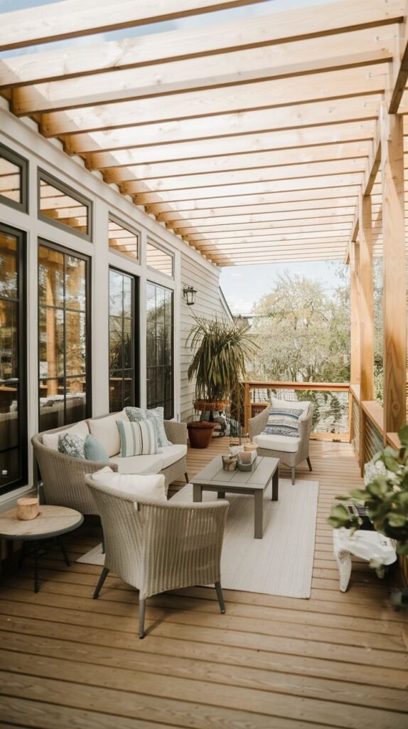 A wide elevated wooden deck attached to a white house with large windows, covered by an open light-stained wooden pergola structure, featuring white woven lounge furniture with blue accent pillows on an area rug.