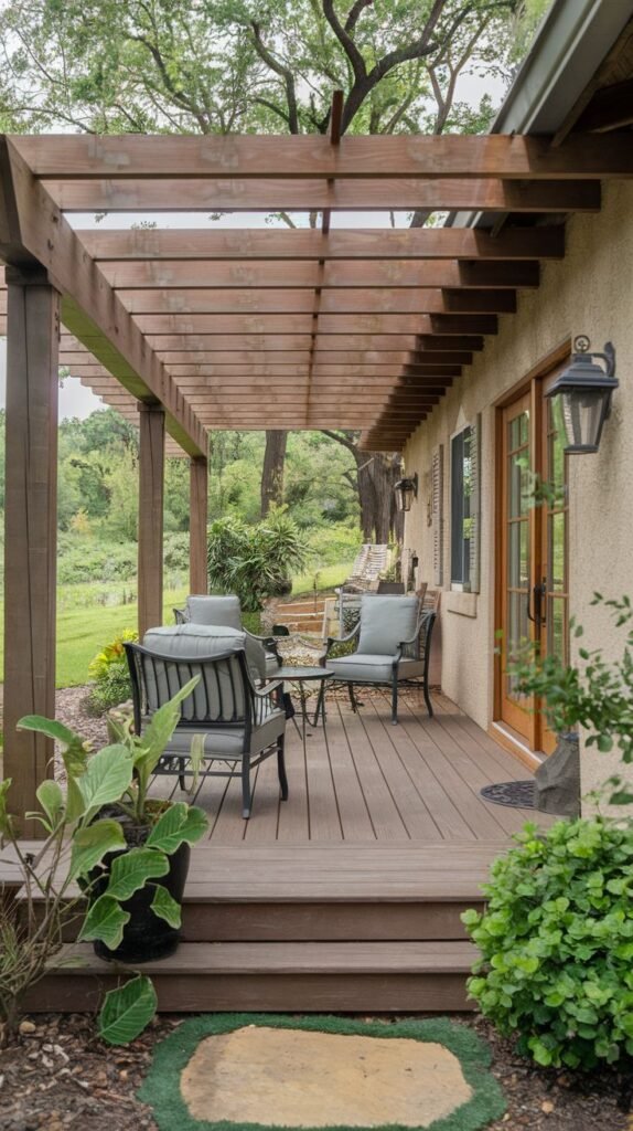 A wooden deck attached to a tan stucco house, covered by a dark-stained open pergola incorporating clear/translucent roofing panels, furnished with a seating arrangement of four dark metal chairs with gray cushions.