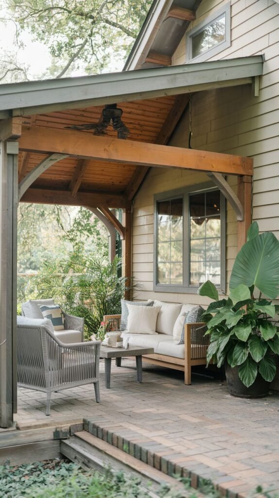A covered patio with a red brick paver floor attached to a tan clapboard house, featuring a wide, solid wooden roof overhang supported by posts, furnished with natural wood and woven outdoor seating.