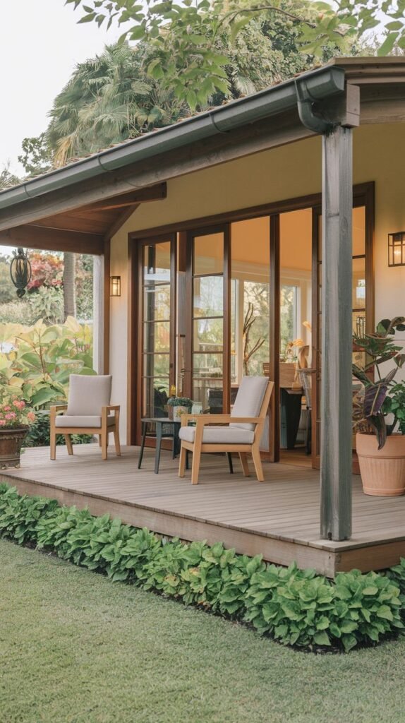 A small wooden deck attached to a light stucco house, covered by a solid, dark wood sloped roof structure, featuring two wood-framed cushioned chairs and a small table, bordered by low greenery in the foreground.