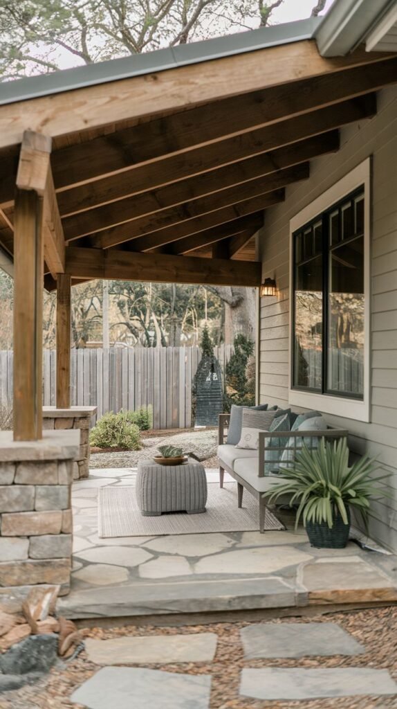 A covered patio area featuring large, irregular flagstone pavers and gravel, attached to a gray house, with a sloped wooden roof supported by a stacked stone column base, furnished with a light bench and ottoman.