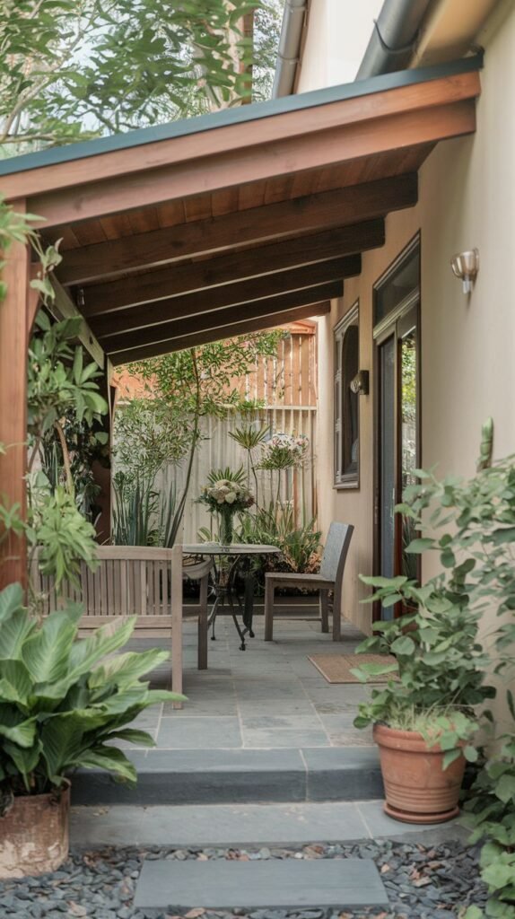 A narrow, intimate patio with dark gray slate tile steps and flooring, attached to a cream-colored house, covered by a dark wooden sloped roof, furnished with wooden furniture and heavily surrounded by potted and lush plants.