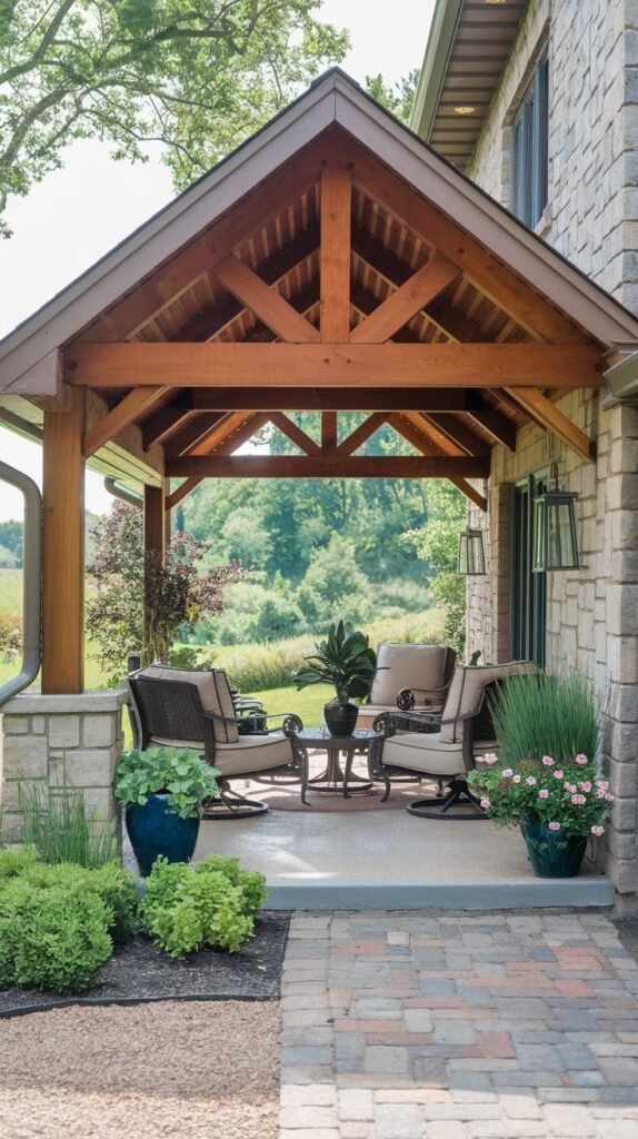 A grand covered porch attached to a stone-clad house, featuring a high-pitched wooden gable roof with exposed truss work, supported by stacked stone columns, and furnished with cushioned wicker seating.