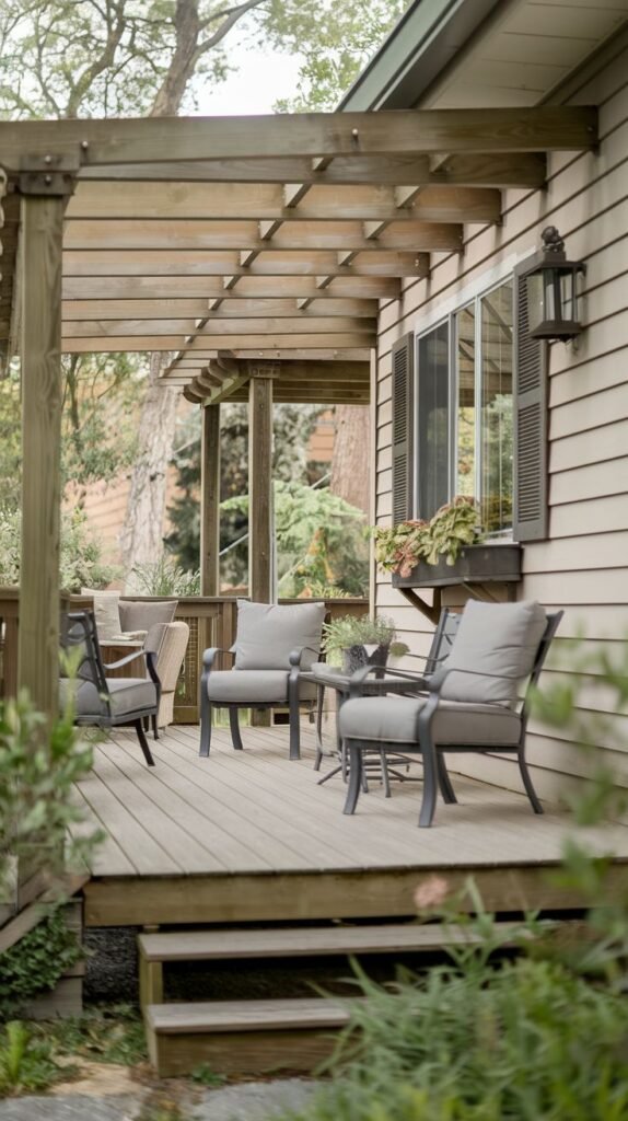 An elevated wooden deck attached to a horizontal clapboard house, covered by an open, light-stained wooden pergola, featuring dark metal chairs with thick gray cushions arranged in a seating area.