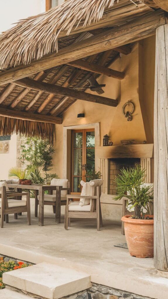 A sheltered concrete patio attached to a stucco house, featuring a thick natural thatched roof supported by wooden beams, and a large built-in outdoor fireplace.