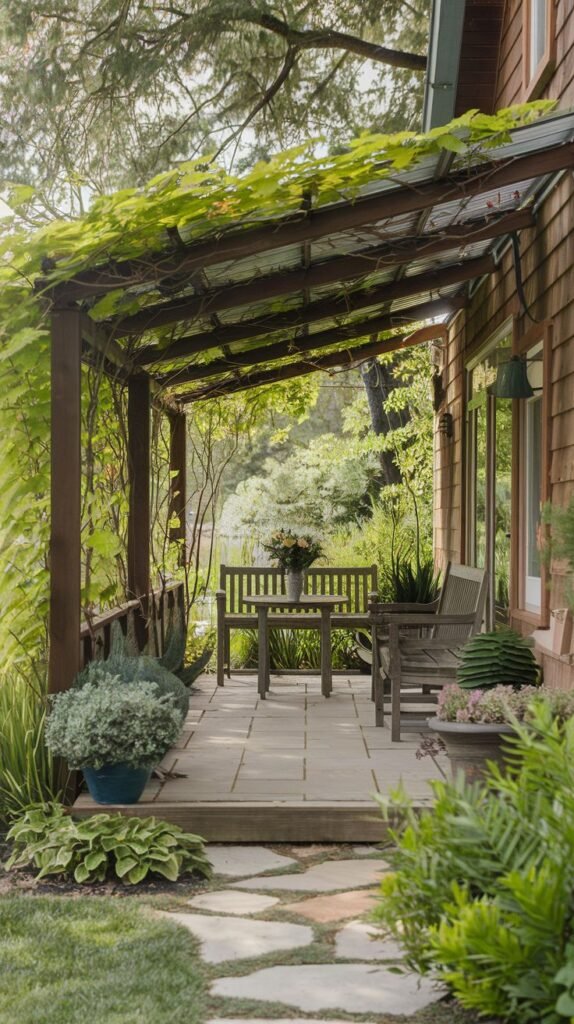 A narrow covered patio with wood plank flooring and flagstone pavers leading away, attached to a cedar shake house, featuring a wooden pergola structure heavily draped with vines and clear roofing panels underneath, furnished with wooden benches and a table.