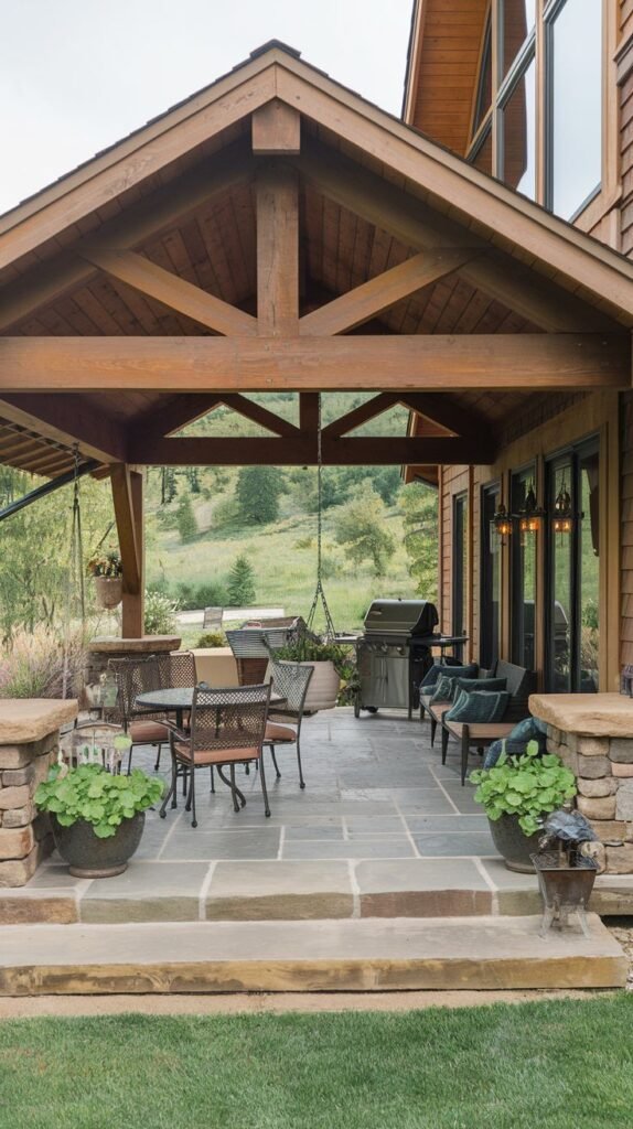 A large covered patio with dark slate/flagstone flooring and a high-pitched wooden gable roof with exposed trusses, accommodating both a metal dining set and a barbecue grill, attached to a shingled house.