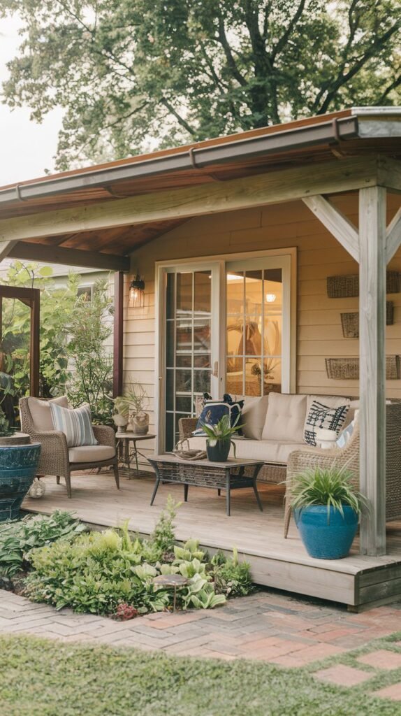 An elevated wooden deck attached to a light yellow clapboard house, covered by a solid, shallow sloped roof, bordered by a garden edge, furnished with comfortable woven outdoor sofas and chairs.
