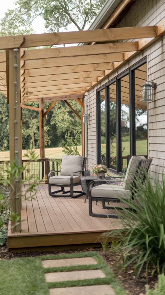 A wooden deck attached to a shingled house with large black-framed windows, featuring an open wooden pergola structure with closely spaced slats, furnished with two cushioned metal chairs in front of an open field view.