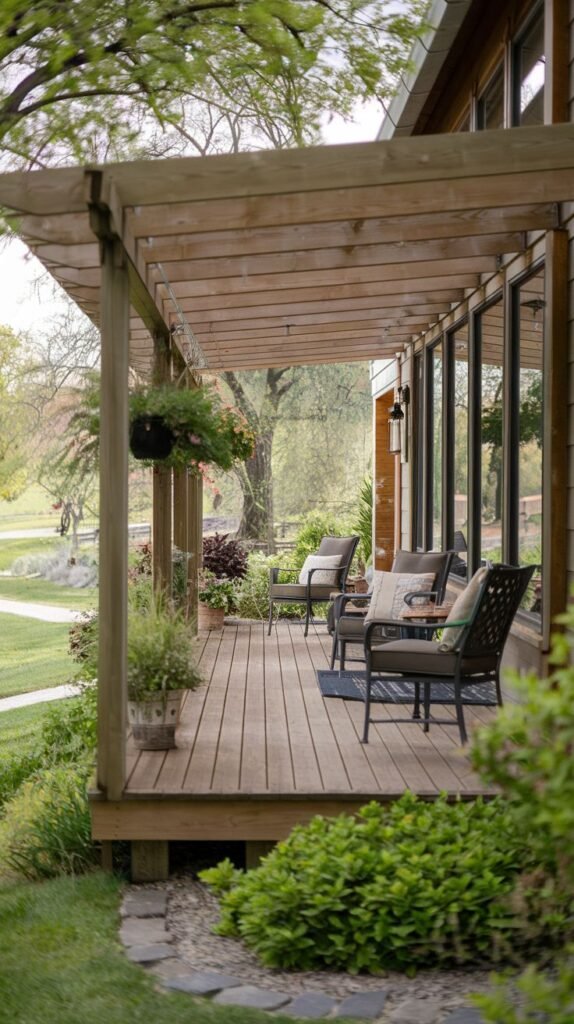 An elongated wooden deck attached to a modern house with expansive windows, covered by a light-stained open wooden pergola, furnished with multiple seating areas including dark metal chairs and decorated with potted plants.