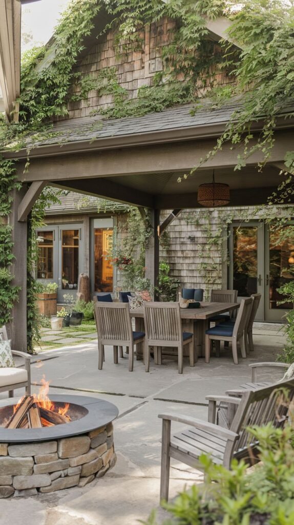 A stone slab patio attached to a wood-shingled house, featuring a deep covered dining area integrated into a vine-covered structure, with a separate circular stone fire pit in the foreground.