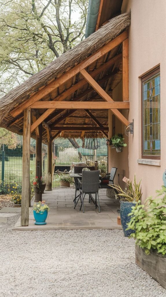 A patio area paved with stone and surrounded by gravel, attached to a pinkish stucco house, covered by a deep thatched roof supported by exposed wood trusses, featuring an outdoor dining set and grill area.