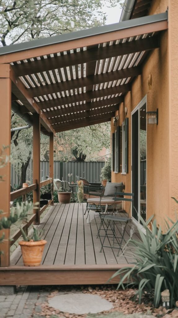 A wooden deck attached to a bright orange/yellow stucco house, covered by a dark-stained open pergola with densely spaced slats, furnished with a small metal bistro set.