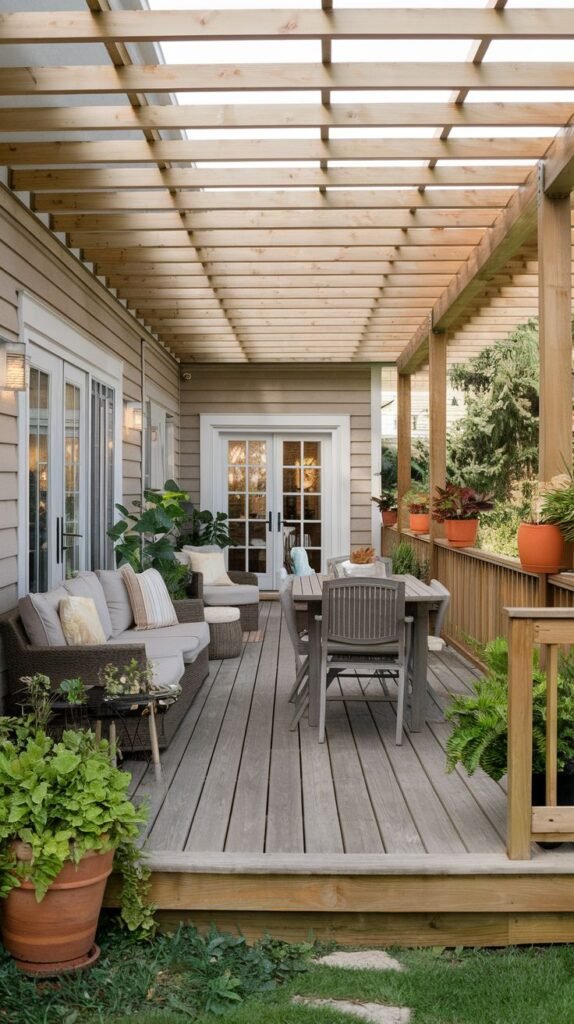 An extra-long wooden deck attached to a light tan house, covered by an open wooden pergola structure with translucent panels, accommodating distinct lounge seating and a separate wooden dining set.