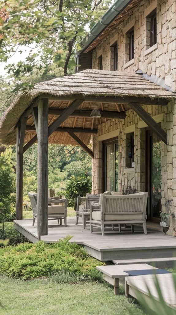 A covered porch attached to a natural stone masonry house, featuring a dense thatched roof supported by dark wooden posts, covering a light gray wooden deck furnished with cushioned outdoor lounge seating.