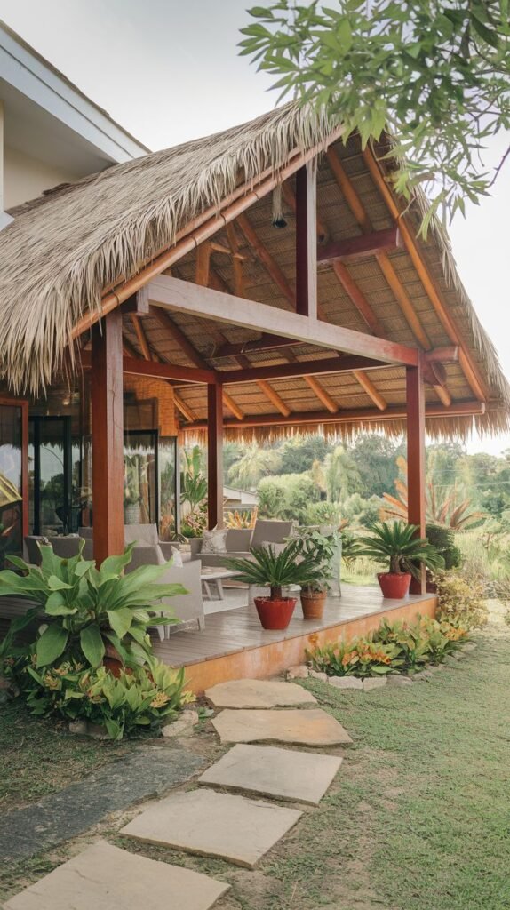 An elevated wooden deck pavilion attached to a modern house, featuring a steep, dramatically pitched thatched roof supported by thick wooden columns, overlooking a lush, tropical valley.