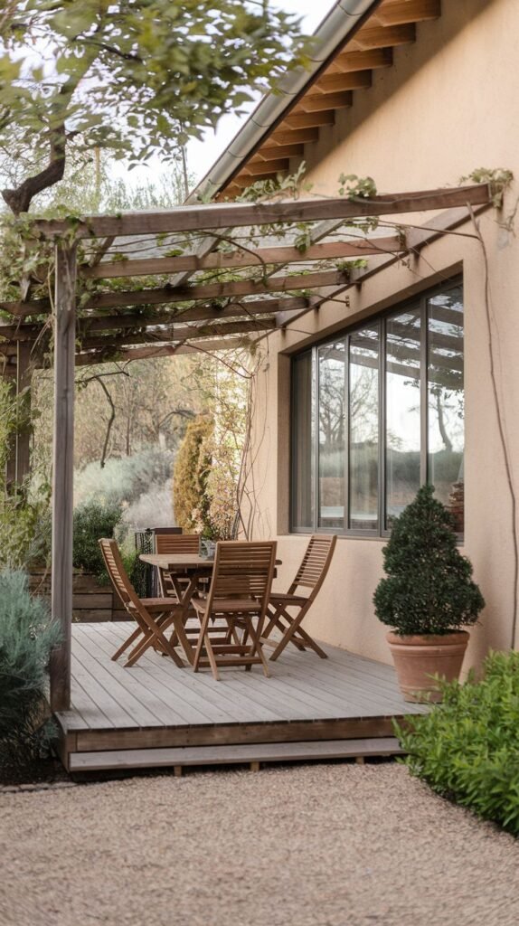 A low wooden deck attached to a light stucco house, shaded by a simple wooden pergola frame heavily draped with vines, furnished with a wooden folding dining set and surrounded by gravel and planted greenery.