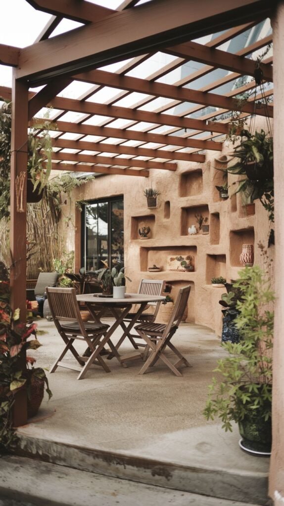 A rustic covered patio featuring a wooden pergola with translucent roof panels, spanning a concrete floor and backed by a reddish-brown earthen wall embedded with built-in niches for displaying plants and succulents.