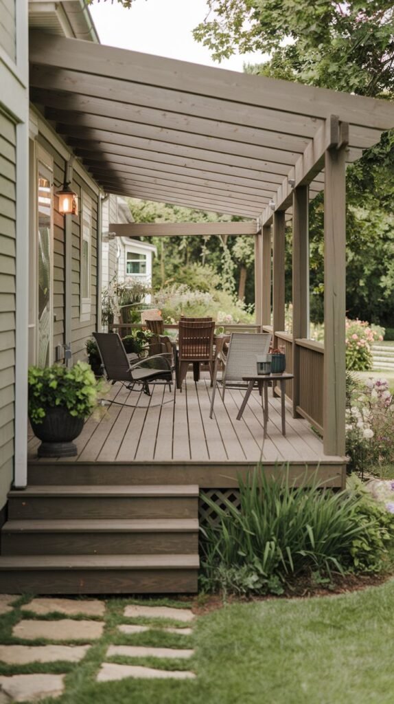A long, elevated wooden deck patio attached to a light green clapboard house, covered by a sloped wooden pergola painted in a muted green/gray tone, showing multiple seating arrangements and steps leading to a path of stepping stones.