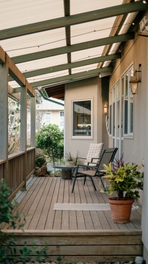 A narrow, elevated wooden deck porch attached to a light stucco house, featuring a sloping shed roof structure with translucent panels and a wooden railing, furnished with two dark chairs and a small side table.