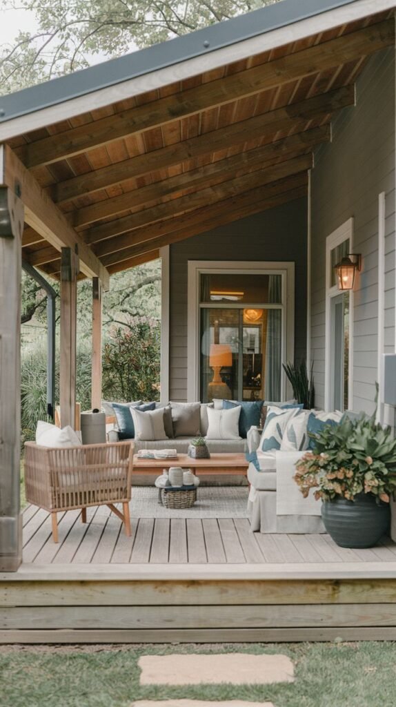 A deep, covered wooden deck attached to a gray clapboard house, featuring a steeply pitched roof with exposed warm wood planking underneath, housing upholstered outdoor furniture including a slipcovered sofa and wicker armchair.