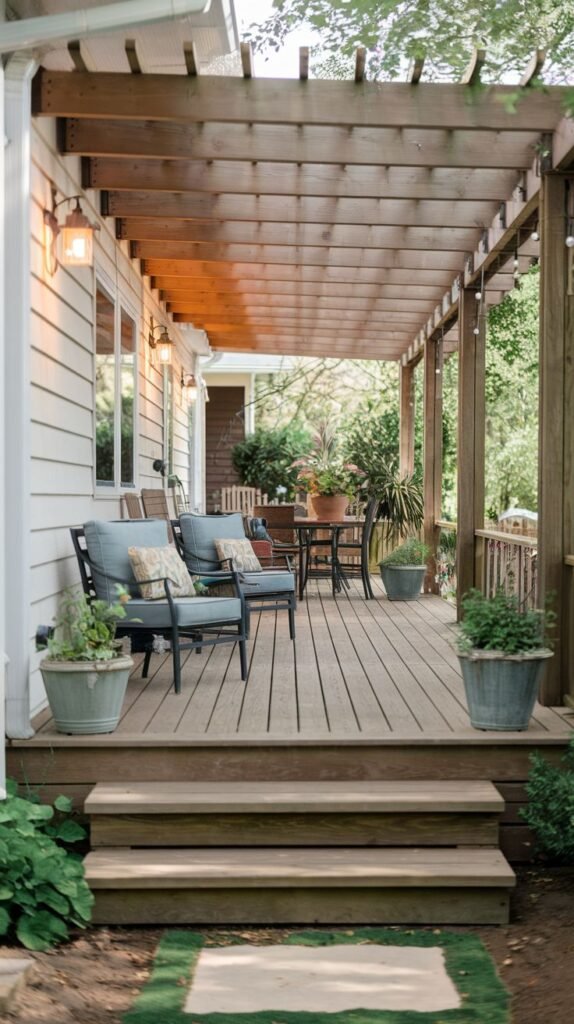 An elevated wooden deck attached to a white clapboard house, covered by an open wooden pergola, featuring dark metal chairs with light blue cushions near the foreground and a dining setup further back.