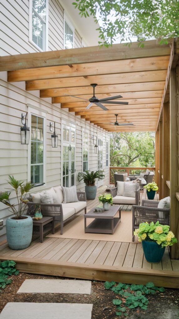 A long wooden deck patio attached to a white clapboard house, covered by a substantial open pergola structure with thick beams supporting ceiling fans, furnished with woven seating and large planters.