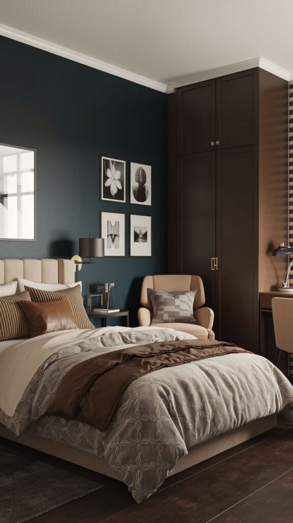 Efficiently organized Cozy Small Bedroom For Men with deep teal walls, a beige upholstered bed, dark wood tall cabinetry, and a dedicated desk space.