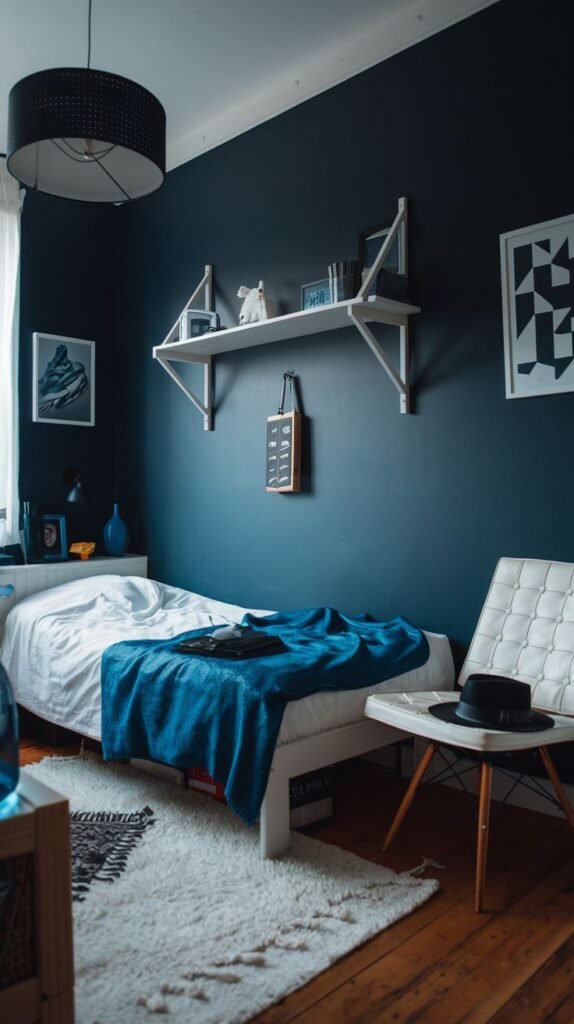 Modern Cozy Small Bedroom For Men with navy walls contrasting sharply with a white metal bed, white floating shelf, and a white quilted accent chair.