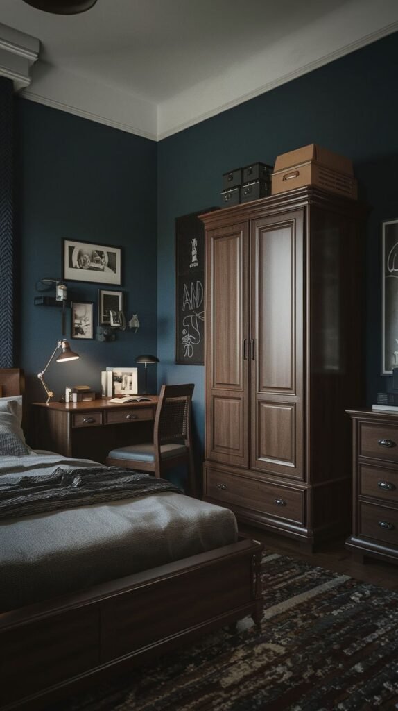 Traditional Cozy Small Bedroom For Men combining dark blue-green walls with substantial dark wood furniture, including a large wardrobe, bed, and desk area.