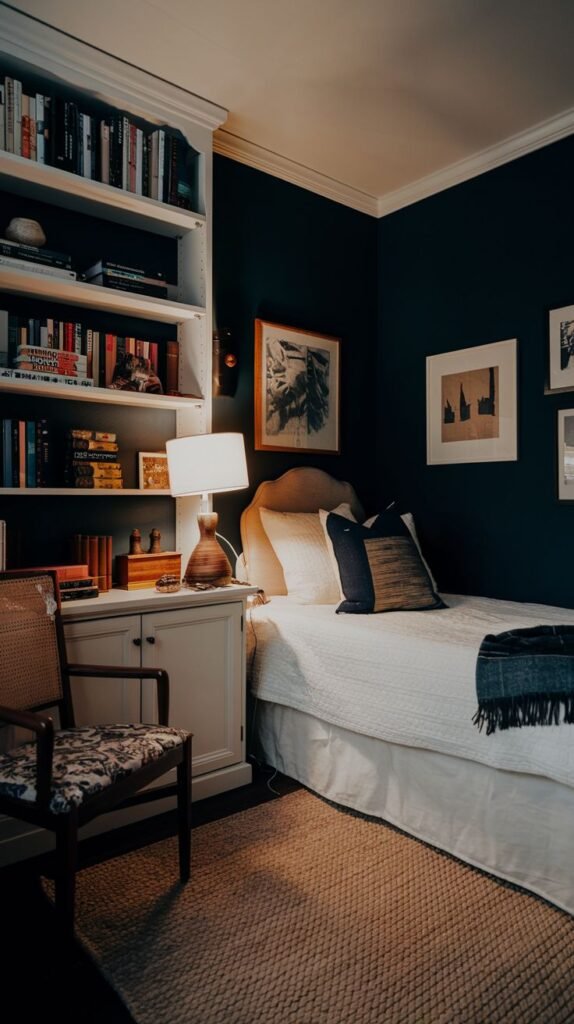Academic Cozy Small Bedroom For Men with a full wall of white built-in bookcases against deep teal walls, next to a simple white bed and a cane-back chair.