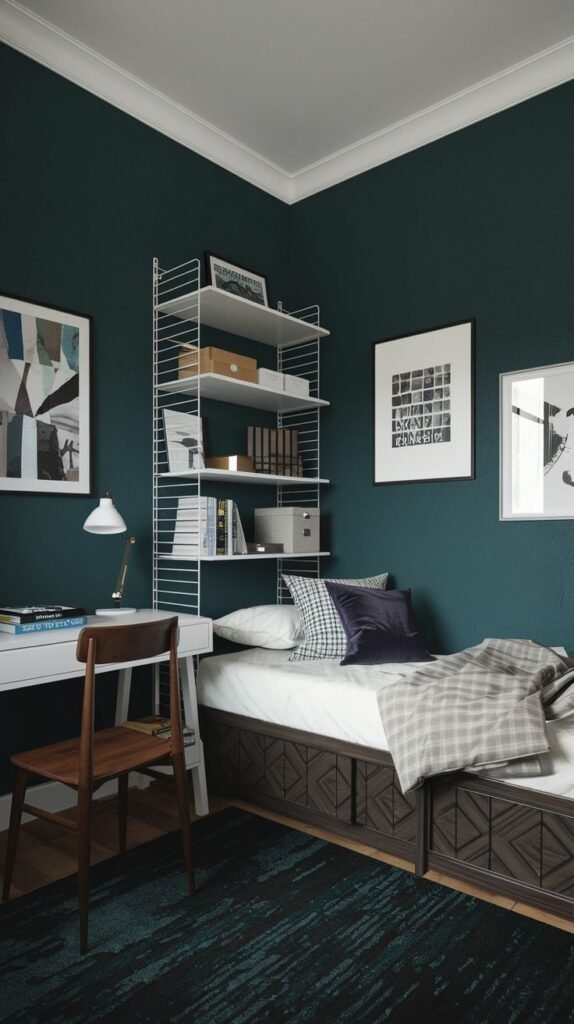 Organized Cozy Small Bedroom For Men with deep teal walls, a bed featuring built-in storage drawers, a white desk, and white modular wire shelving.