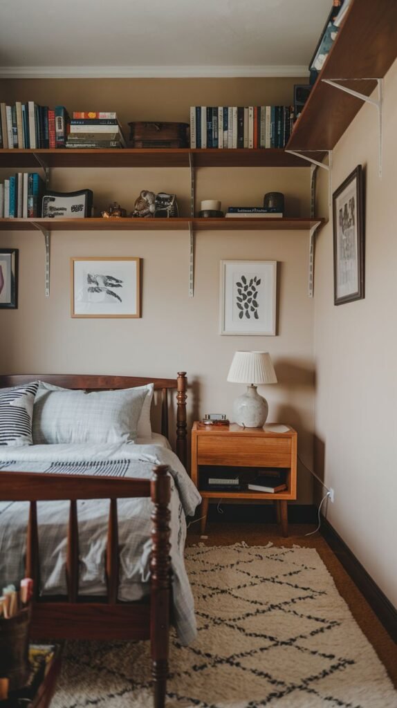 Cozy Small Bedroom For Men with traditional dark wood spindle bed and extensive wood vertical shelving supported by metal brackets above the bed.