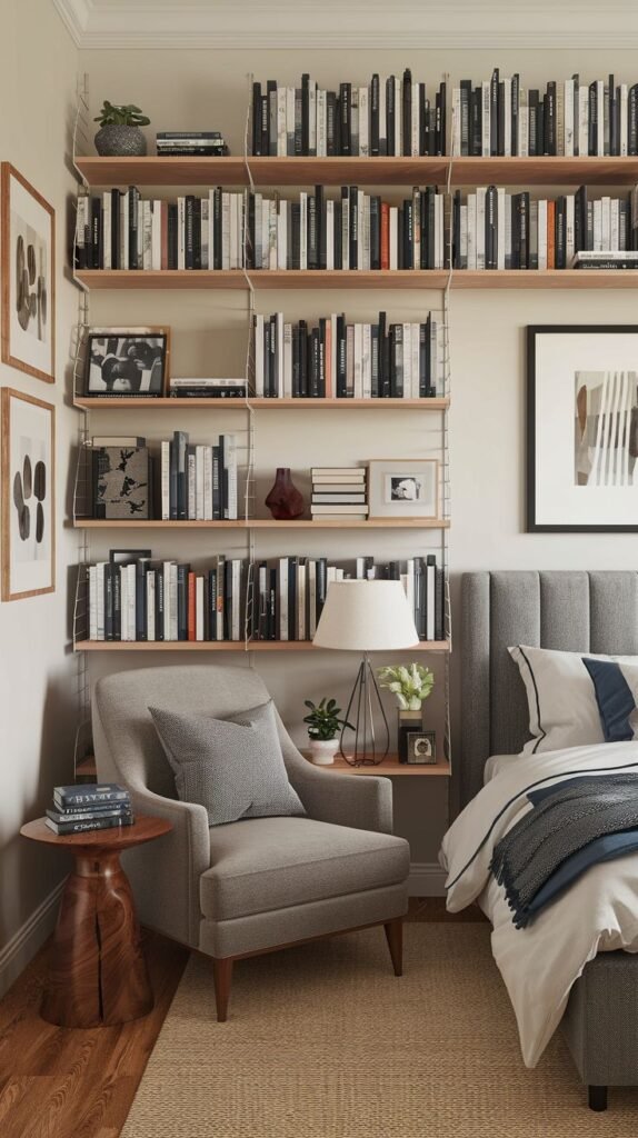 Reading Nook Cozy Small Bedroom For Men featuring a full-wall library system with light wood shelving, a gray upholstered chair, and a gray upholstered bed.