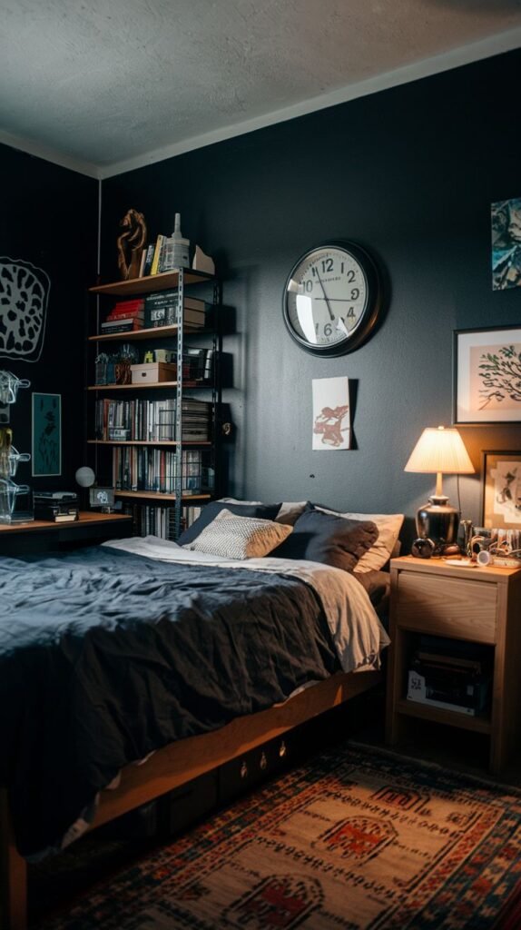 Moody, organized Cozy Small Bedroom For Men with black walls, a tall modular shelving unit, an oversized black and white circular wall clock, and a rustic patterned rug.