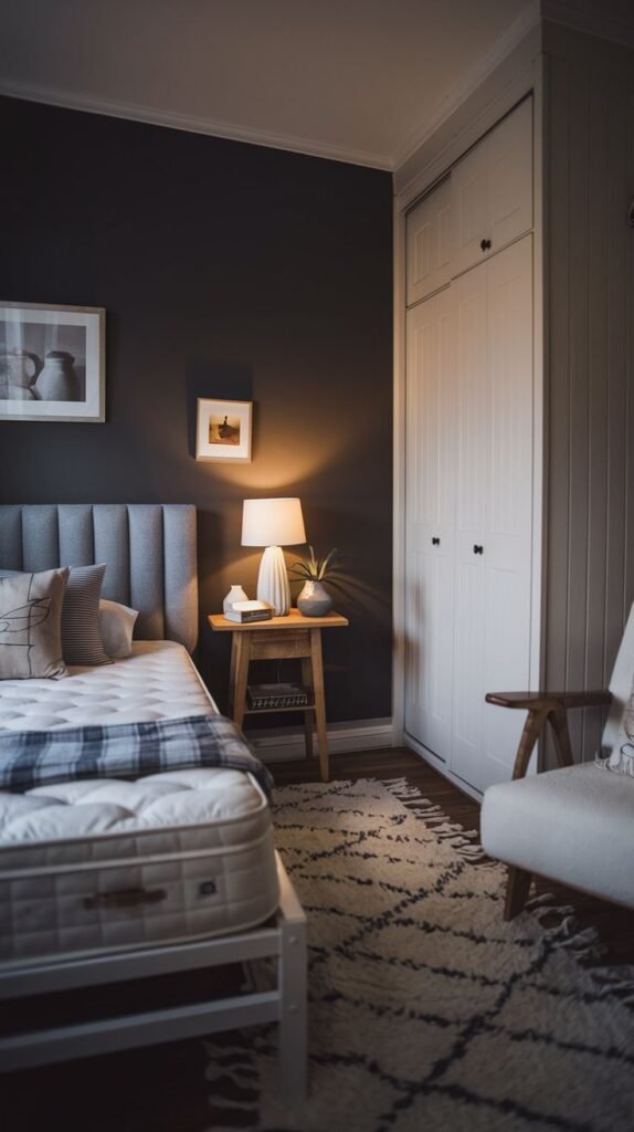 Clean and organized Cozy Small Bedroom For Men with dark gray walls, a light gray headboard, a white nightstand, and a tall white wardrobe with sliding doors.