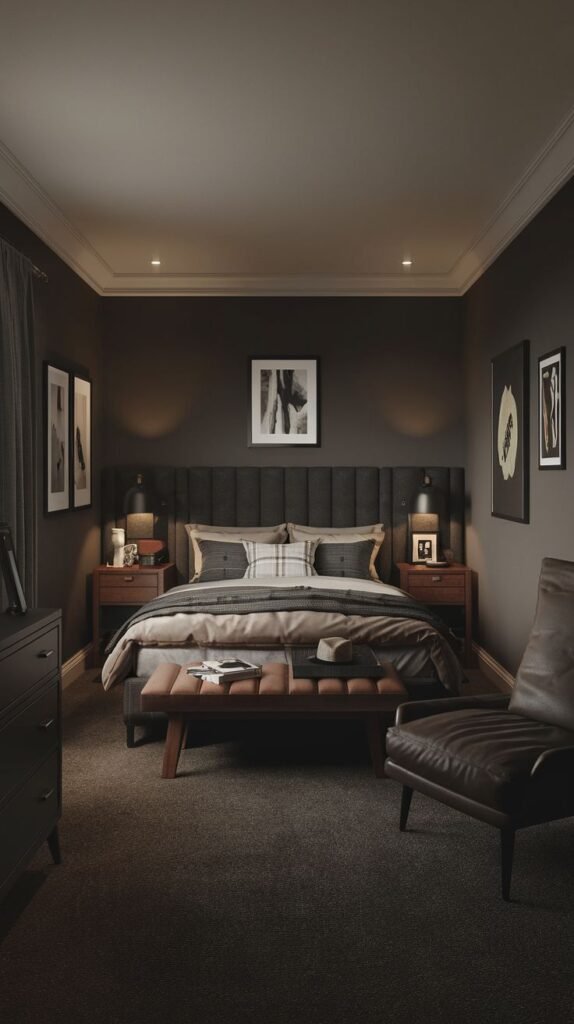 Luxurious Gentlemen's Cozy Small Bedroom For Men in deep brown tones, featuring an upholstered bed, rich dark wood nightstands, and a brown leather bench at the foot of the bed.