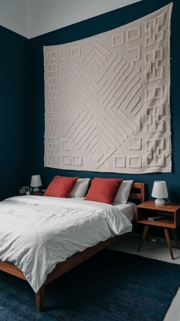 Artistic Cozy Small Bedroom For Men with bold blue walls, a light wood bed frame, and a large textured white geometric wall tapestry hung as a focal point.