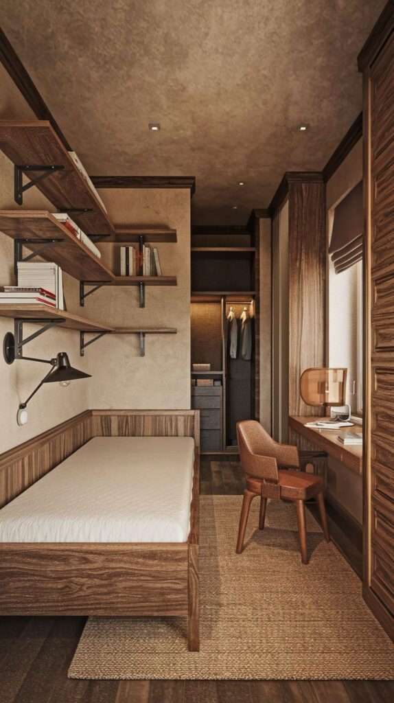 Fully integrated, warm-toned Cozy Small Bedroom For Men utilizing natural wood cladding, a built-in single bed, open closet space, and a wood desk area.