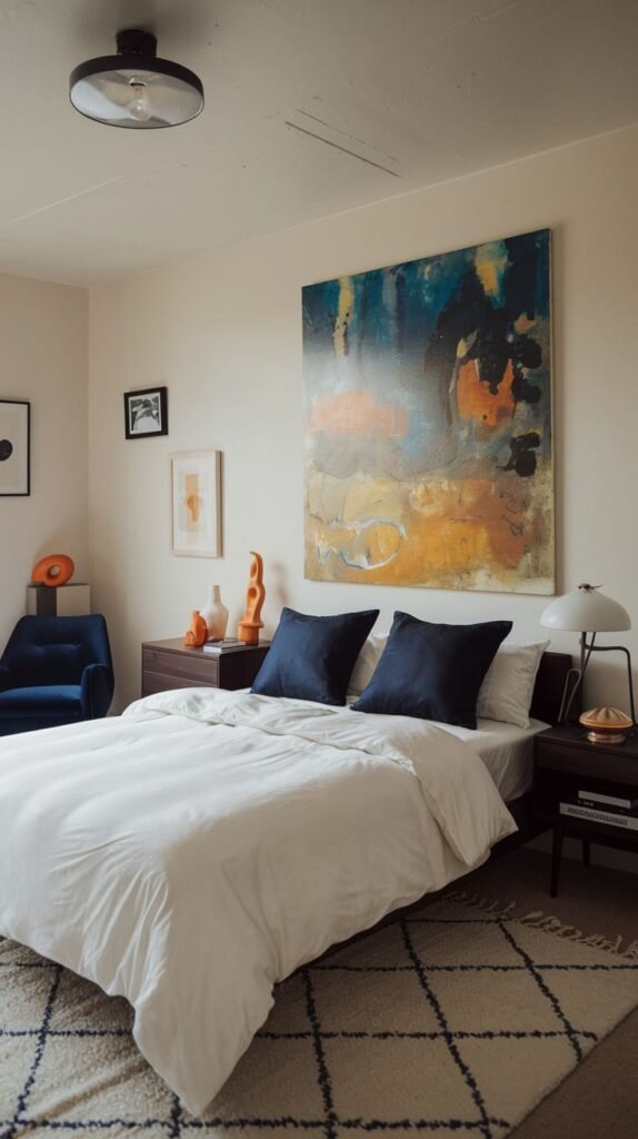 Contemporary Cozy Small Bedroom For Men with neutral walls accented by a large, bold abstract painting (yellow, blue, orange), complemented by dark wood furniture.